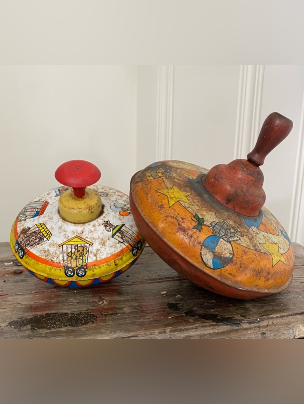 “Vintage Tin Spinning Tops Lot of 2 – Circus & Toys Rustic Patina Decor”